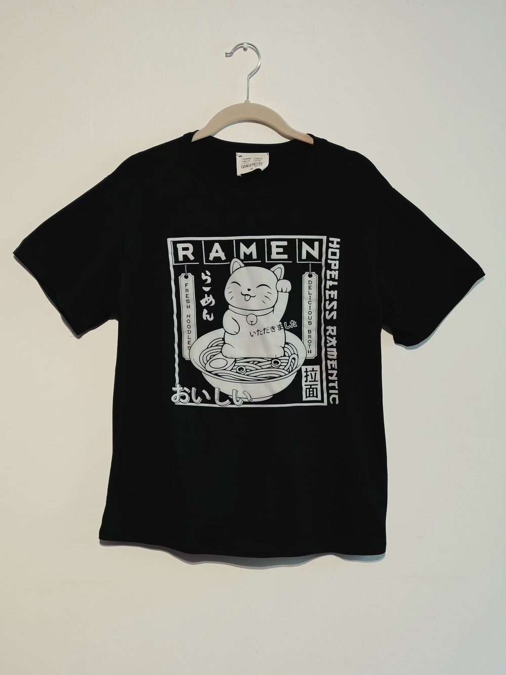 French Pastry Ramen Cat Graphic Tee – Black Japanese Kawaii Anime Shirt Size Med